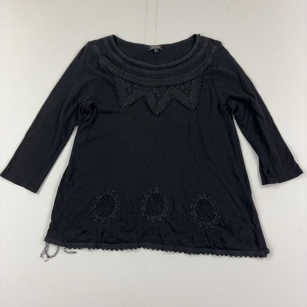 Lucky Brand Blouse Womens Medium Black 3/4 Sleeve Crochet Embroidered Tunic Top